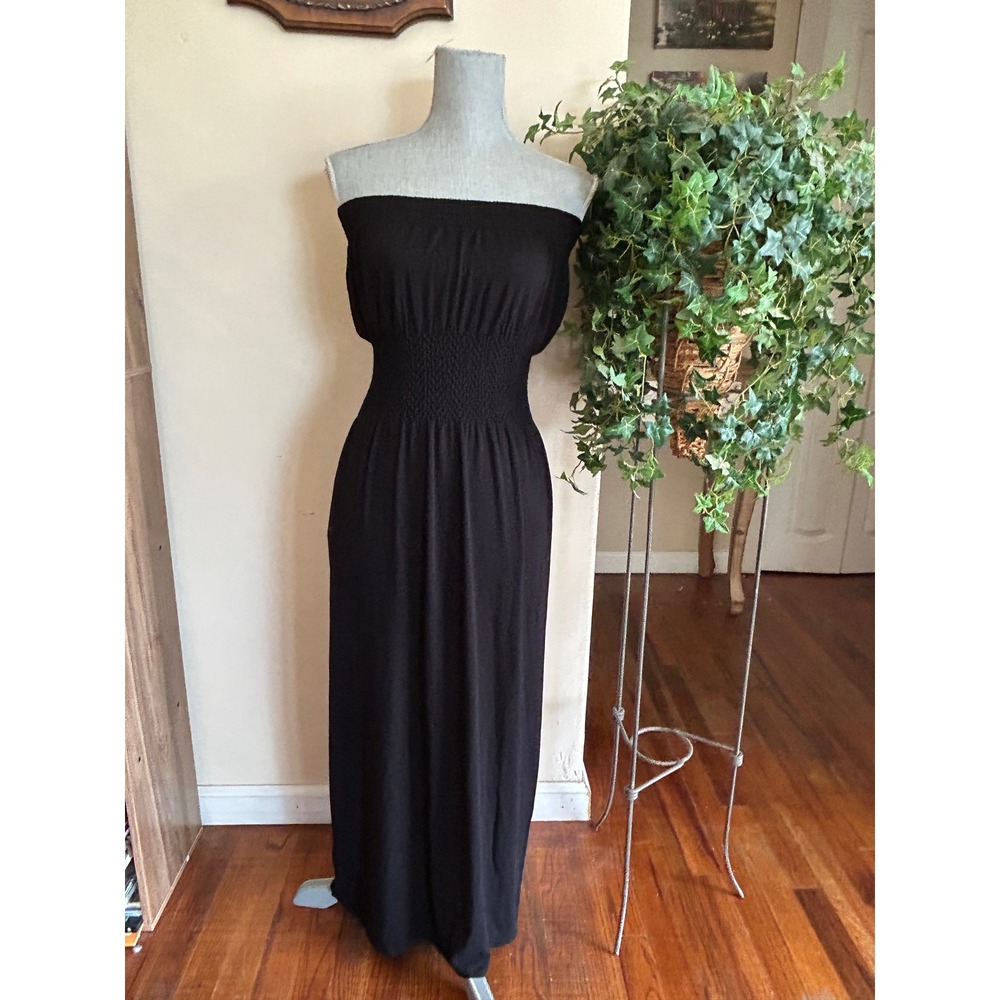 Lark + Grey Maxi Dress Womens S/M Black Smocked Strapless Jersey Knit Casual